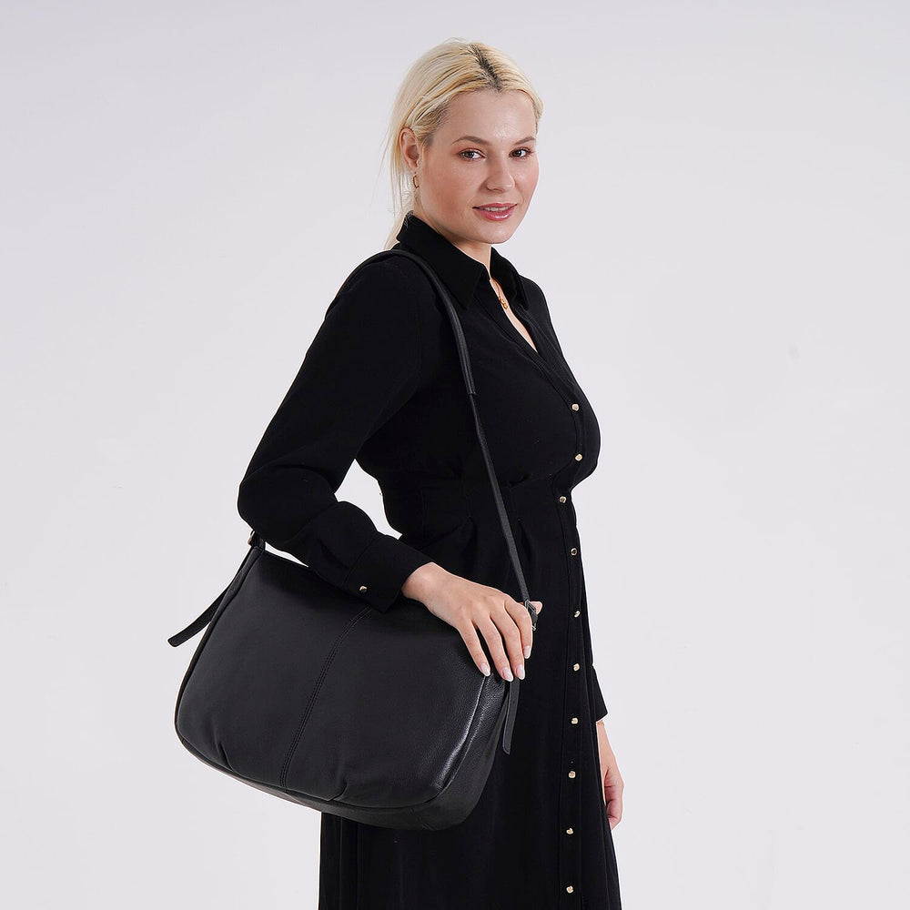Closeout Deal- Genuine Leather Crossbody Bag with Adjustable Strap - Black