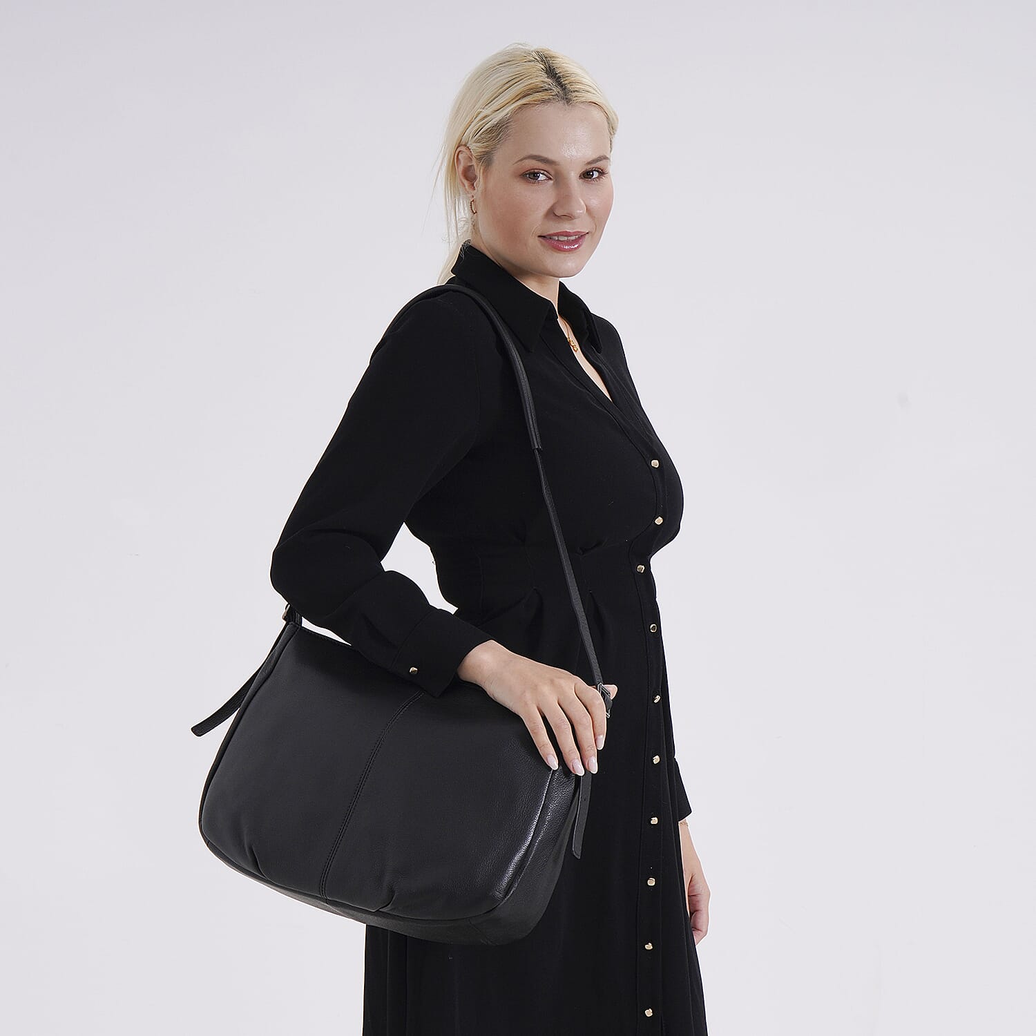 Closeout Deal- Genuine Leather Crossbody Bag with Adjustable Strap - Black