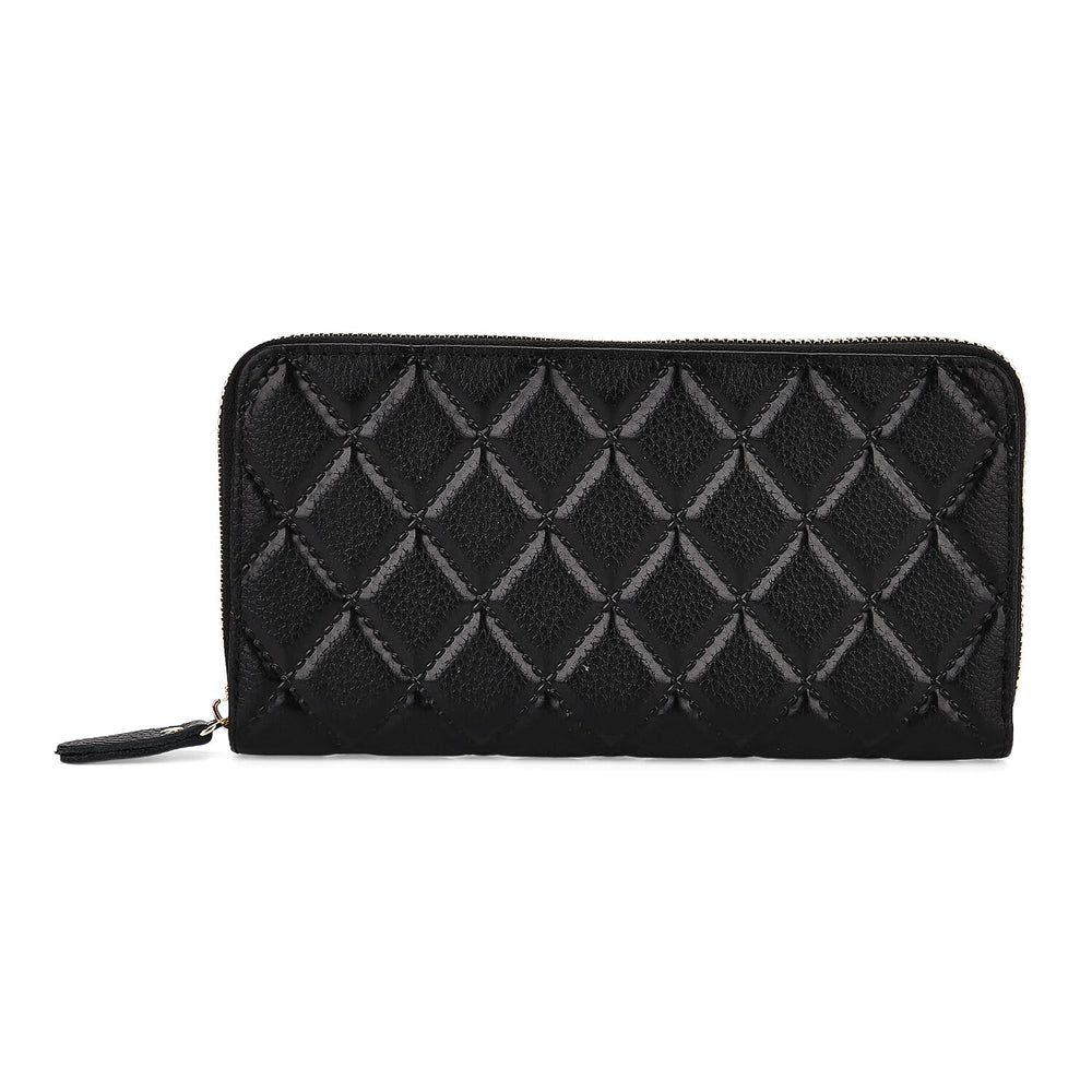 Closeout Deal - Genuine Leather Rhombus Pattern Embossed Wallet with RFID Protection - Black