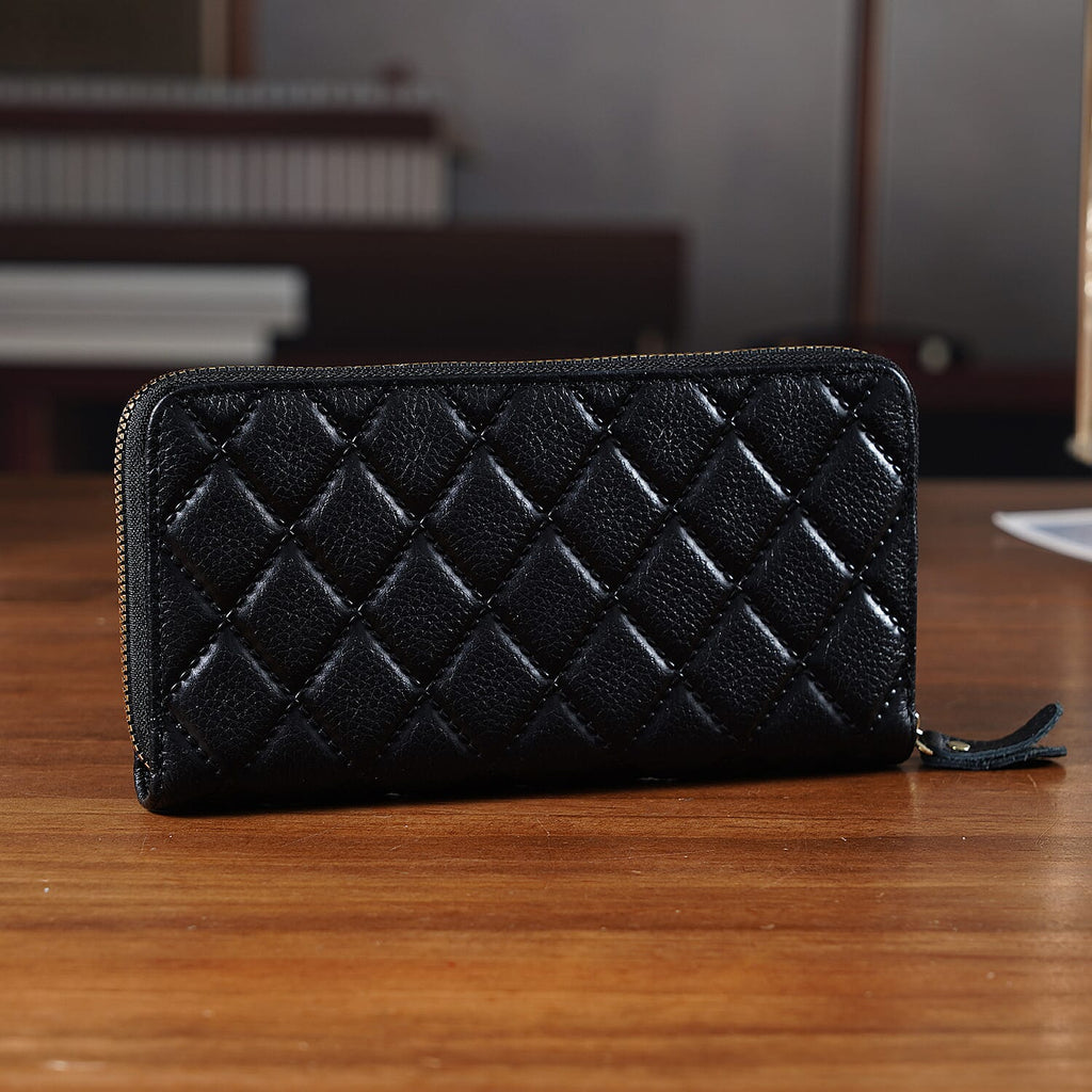 Closeout Deal - Genuine Leather Rhombus Pattern Embossed Wallet with RFID Protection - Black