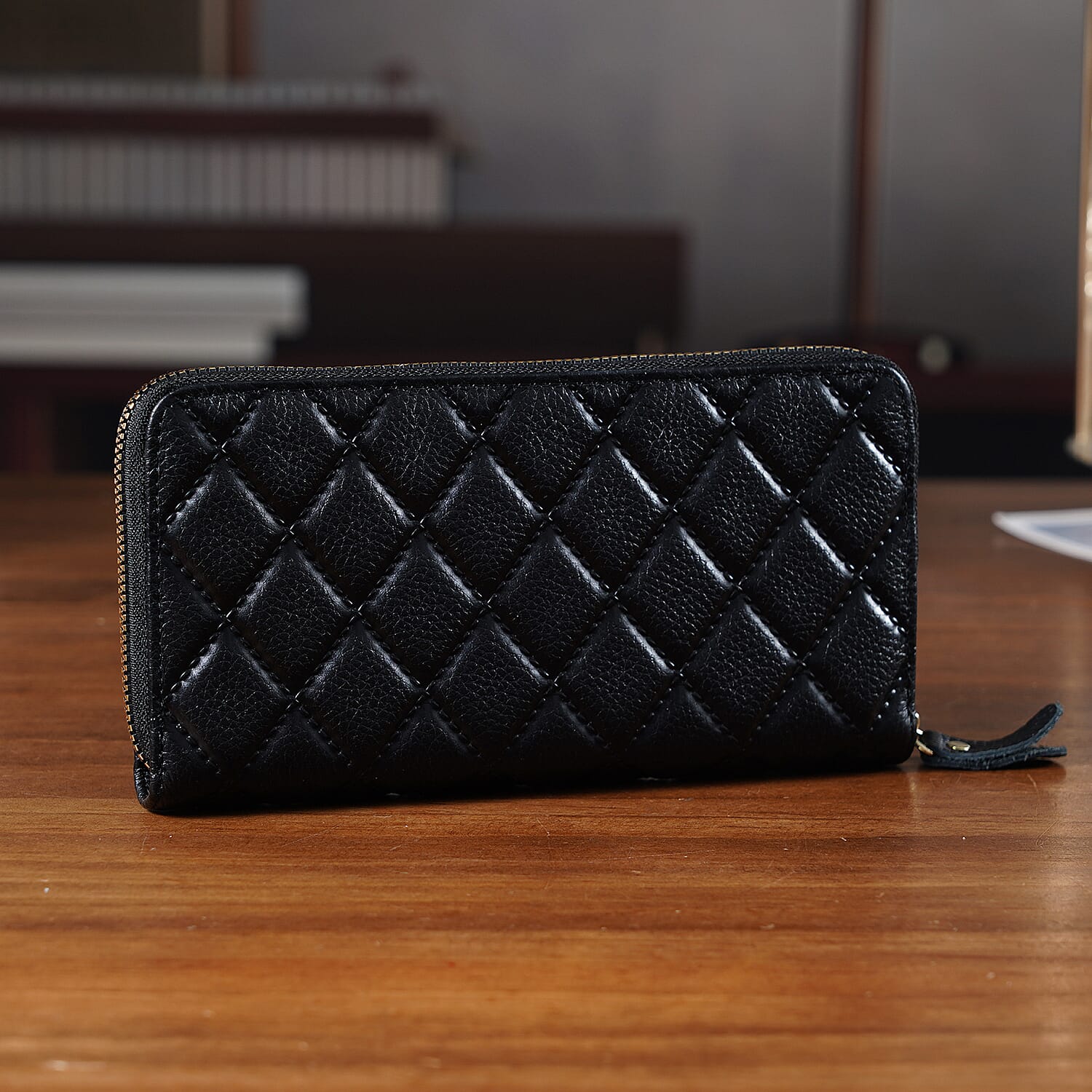 Closeout Deal - Genuine Leather Rhombus Pattern Embossed Wallet with RFID Protection - Black