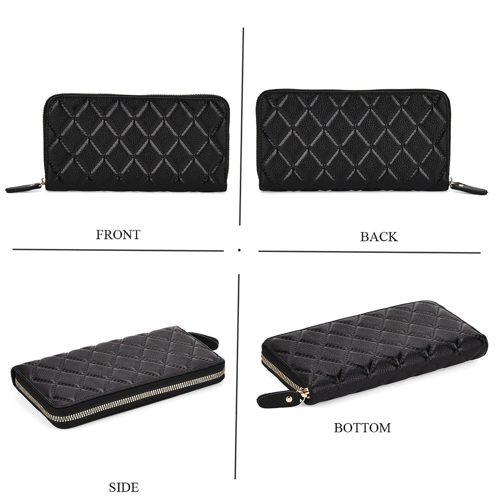 Closeout Deal - Genuine Leather Rhombus Pattern Embossed Wallet with RFID Protection - Black