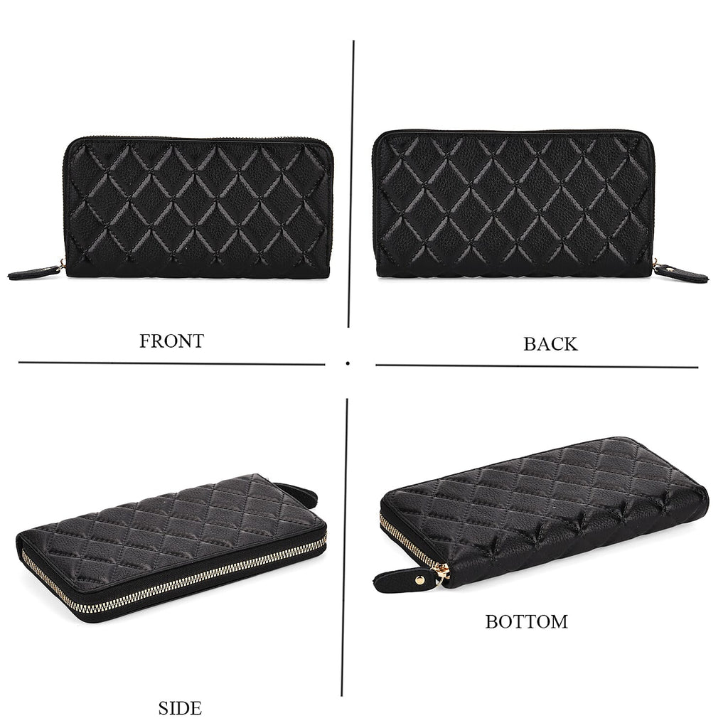 Closeout Deal - Genuine Leather Rhombus Pattern Embossed Wallet with RFID Protection - Black