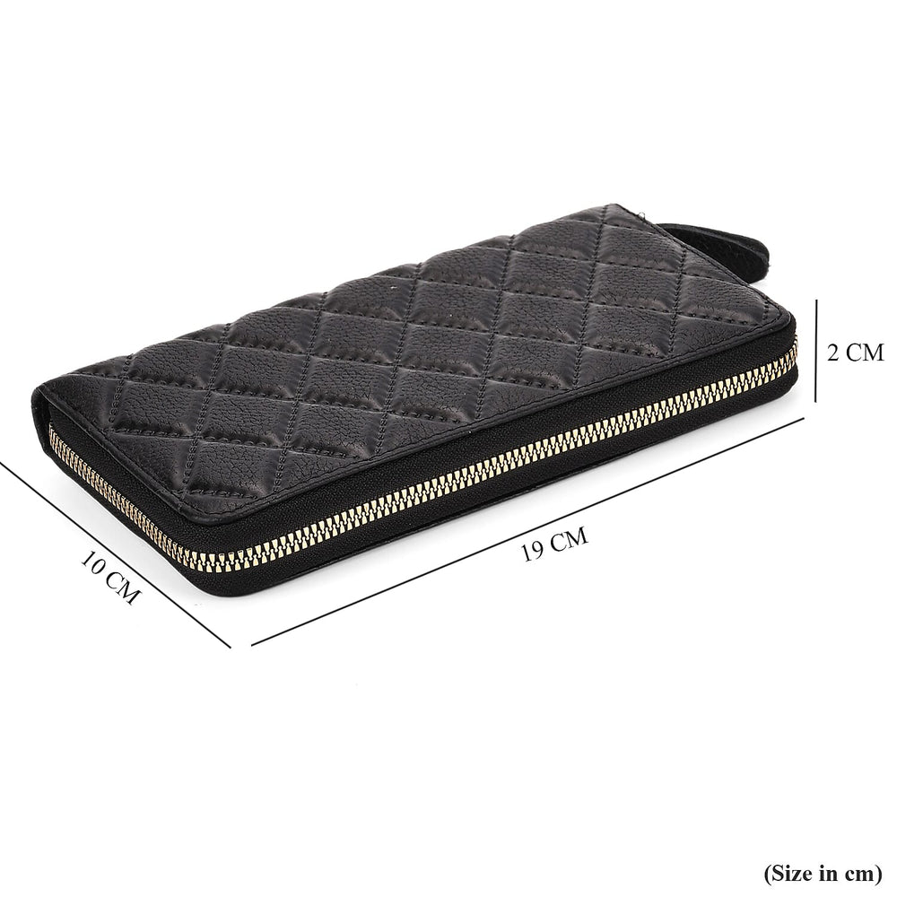 Closeout Deal - Genuine Leather Rhombus Pattern Embossed Wallet with RFID Protection - Black