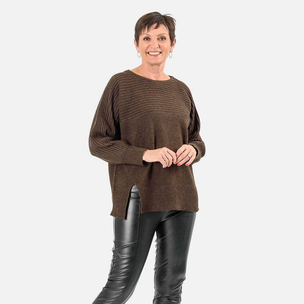 Closeout Deal Wool Blend Stripe Ribbed Jumper (Size L-XL) - Dark Brown
