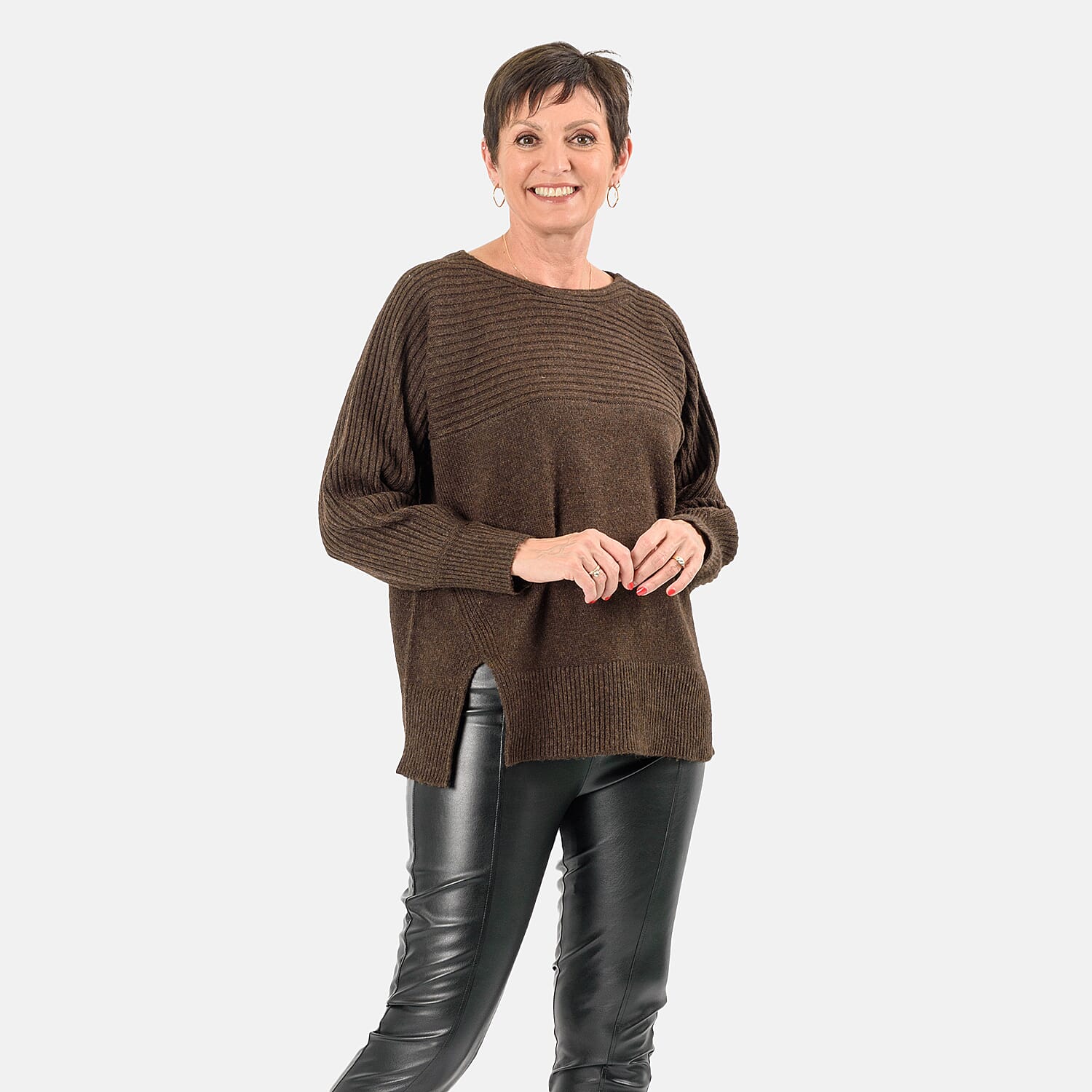 Closeout Deal Wool Blend Stripe Ribbed Jumper (Size L-XL) - Dark Brown