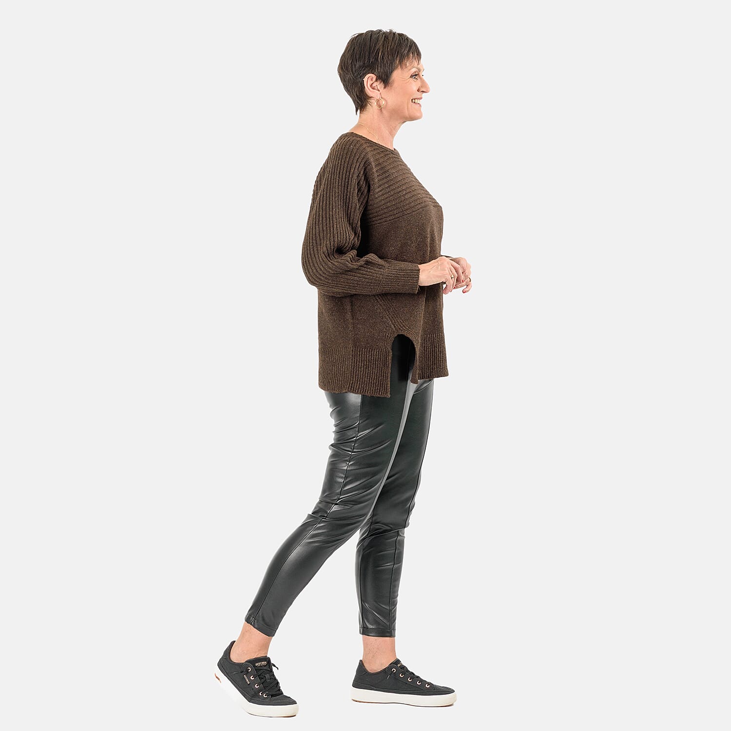 Closeout Deal Wool Blend Stripe Ribbed Jumper (Size L-XL) - Dark Brown