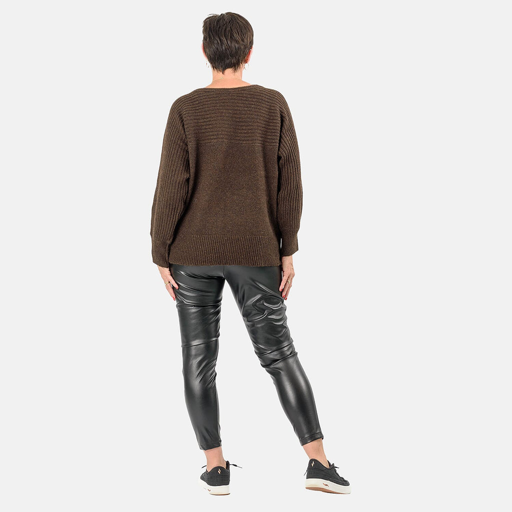 Closeout Deal Wool Blend Stripe Ribbed Jumper (Size L-XL) - Dark Brown