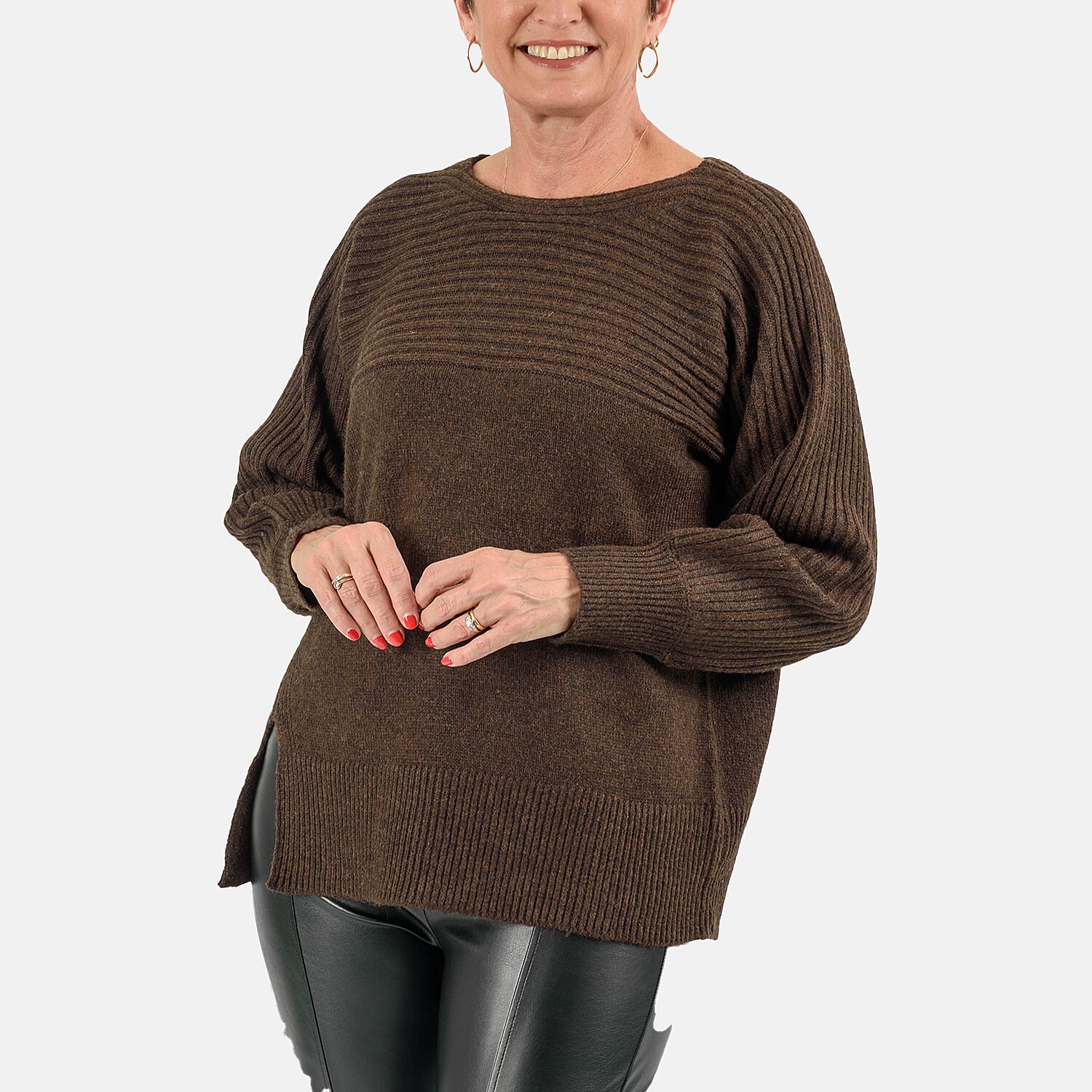 Closeout Deal Wool Blend Stripe Ribbed Jumper (Size L-XL) - Dark Brown