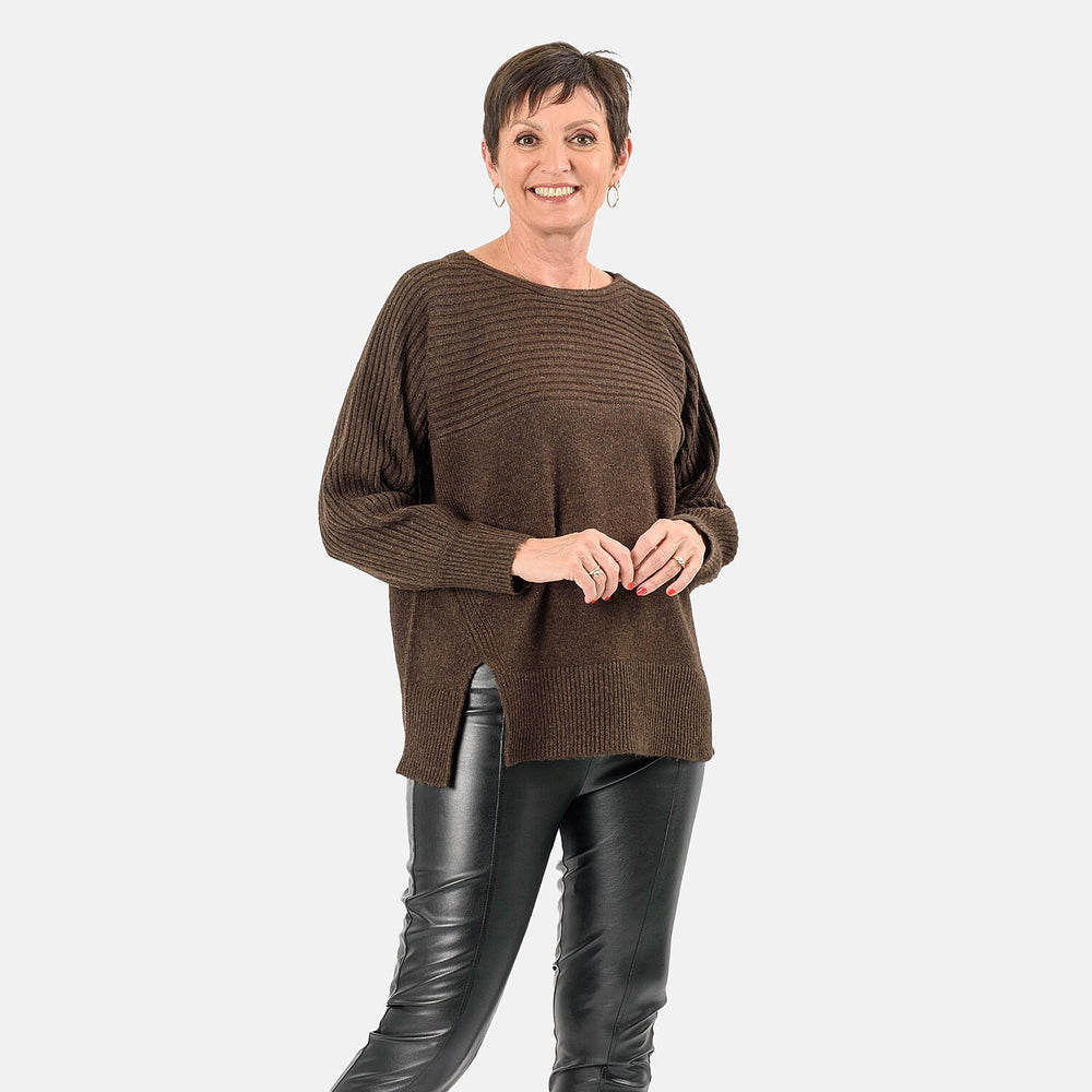 Closeout Deal Wool Blend Stripe Ribbed Jumper (Size S-M) - Dark Brown