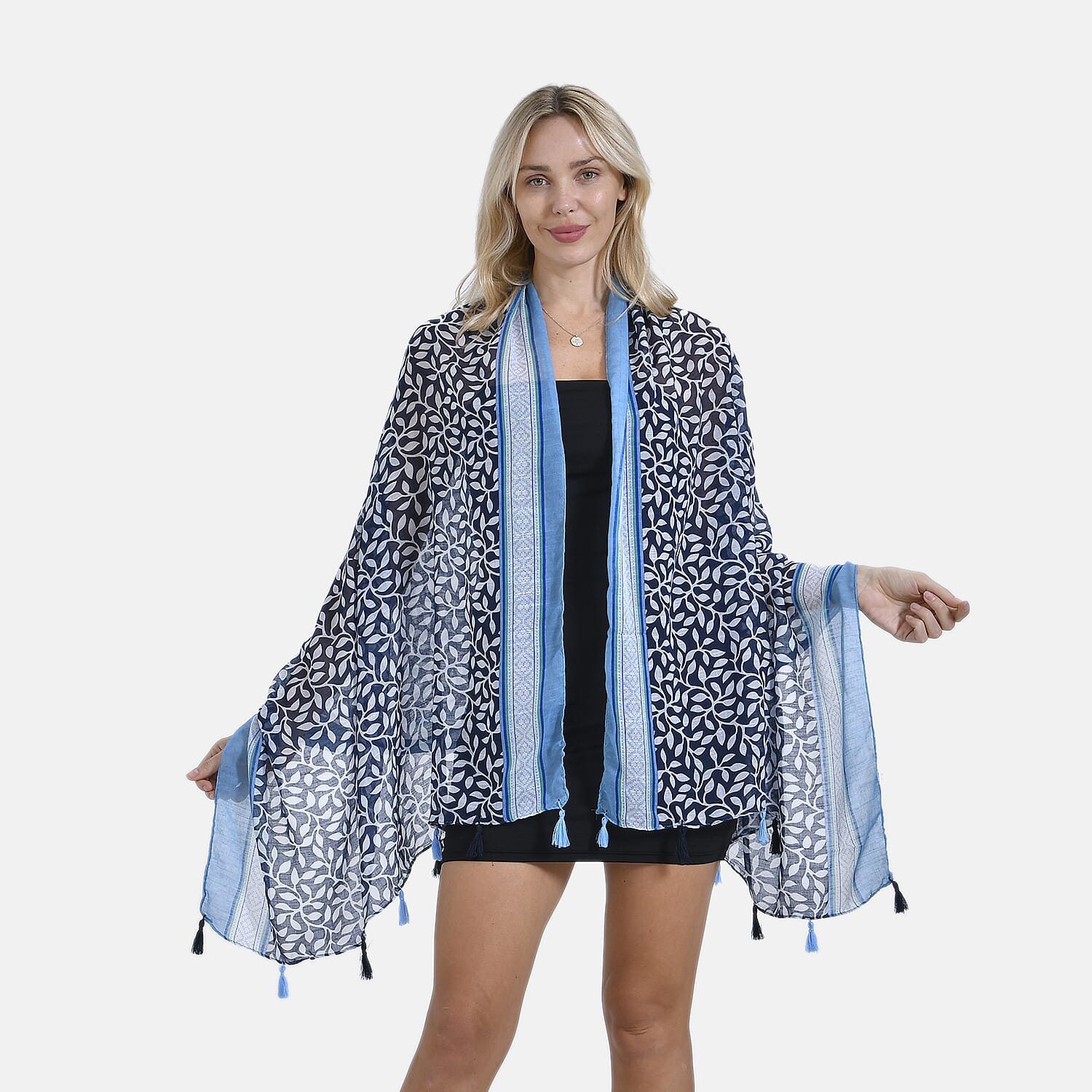 Closeout Deal - New Arrival Leaf & Lattice Pattern Scarf (One Size) - Blue