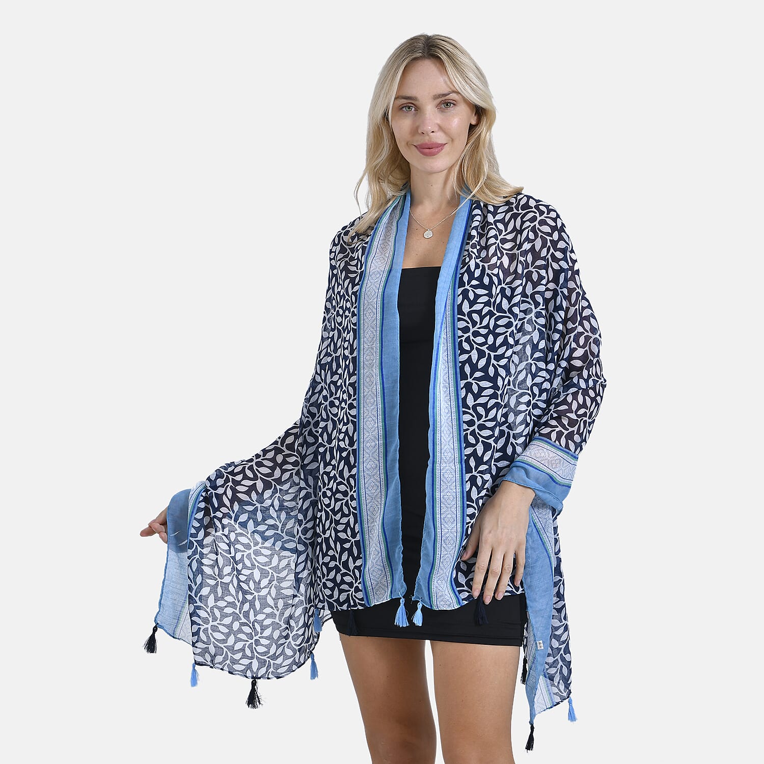 Closeout Deal - New Arrival Leaf & Lattice Pattern Scarf (One Size) - Blue