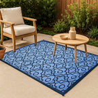 Closeout Deal- Reversible Outdoor Rug with Moroccan Quatrefoil Pattern (Size 243x152 cm) - Blue - Black