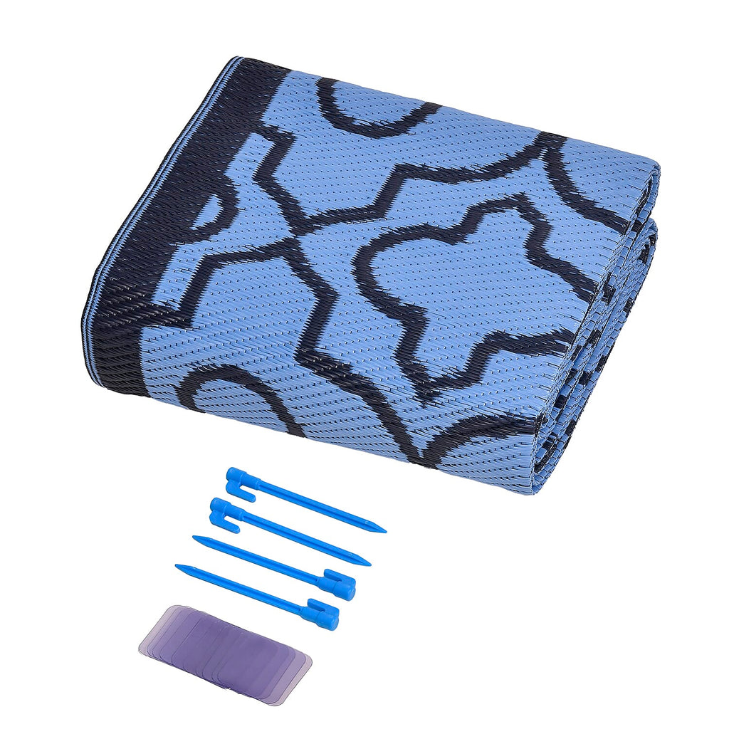 Closeout Deal- Reversible Outdoor Rug with Moroccan Quatrefoil Pattern (Size 243x152 cm) - Blue - Black