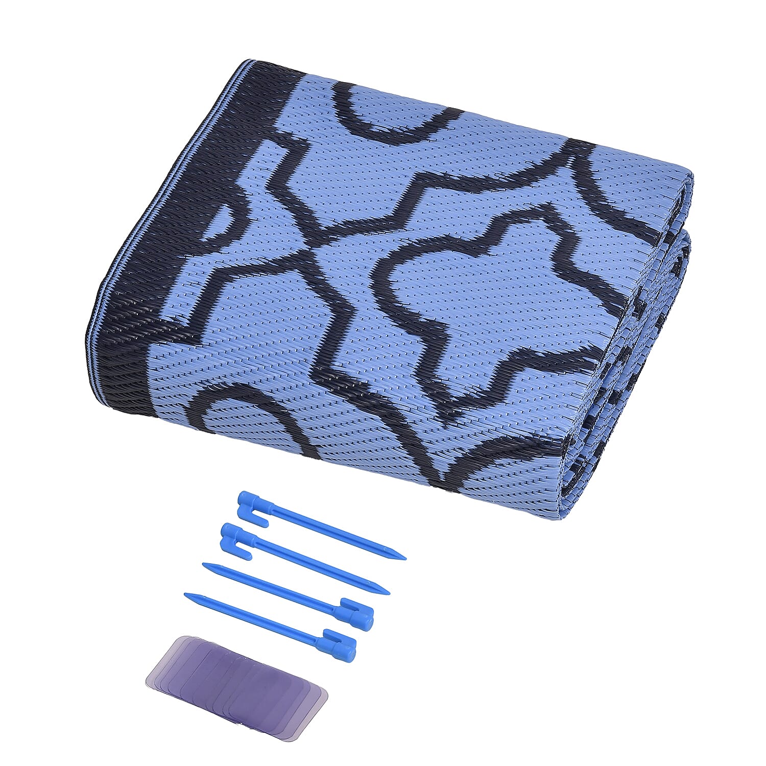 Closeout Deal- Reversible Outdoor Rug with Moroccan Quatrefoil Pattern (Size 243x152 cm) - Blue - Black