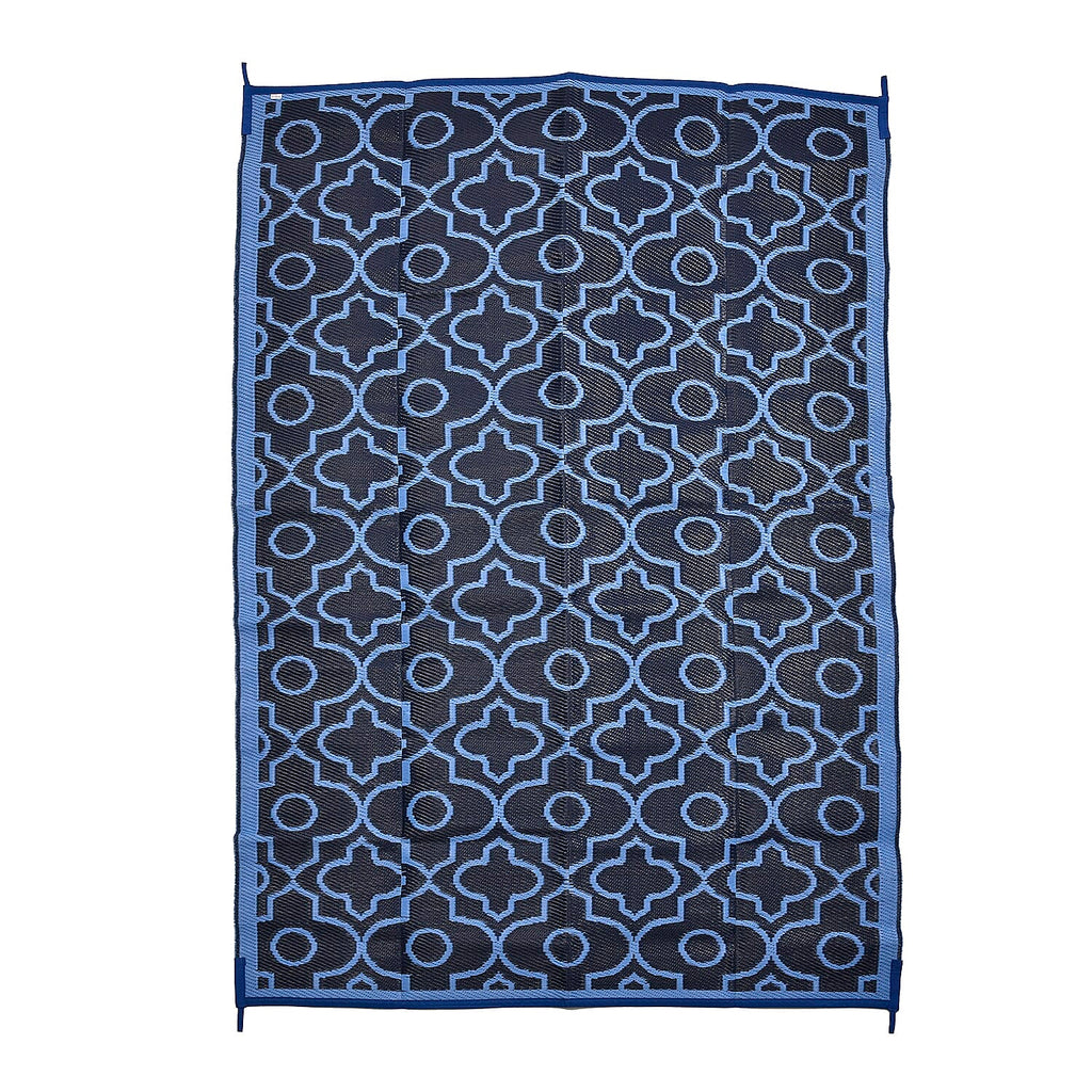 Closeout Deal- Reversible Outdoor Rug with Moroccan Quatrefoil Pattern (Size 243x152 cm) - Blue - Black
