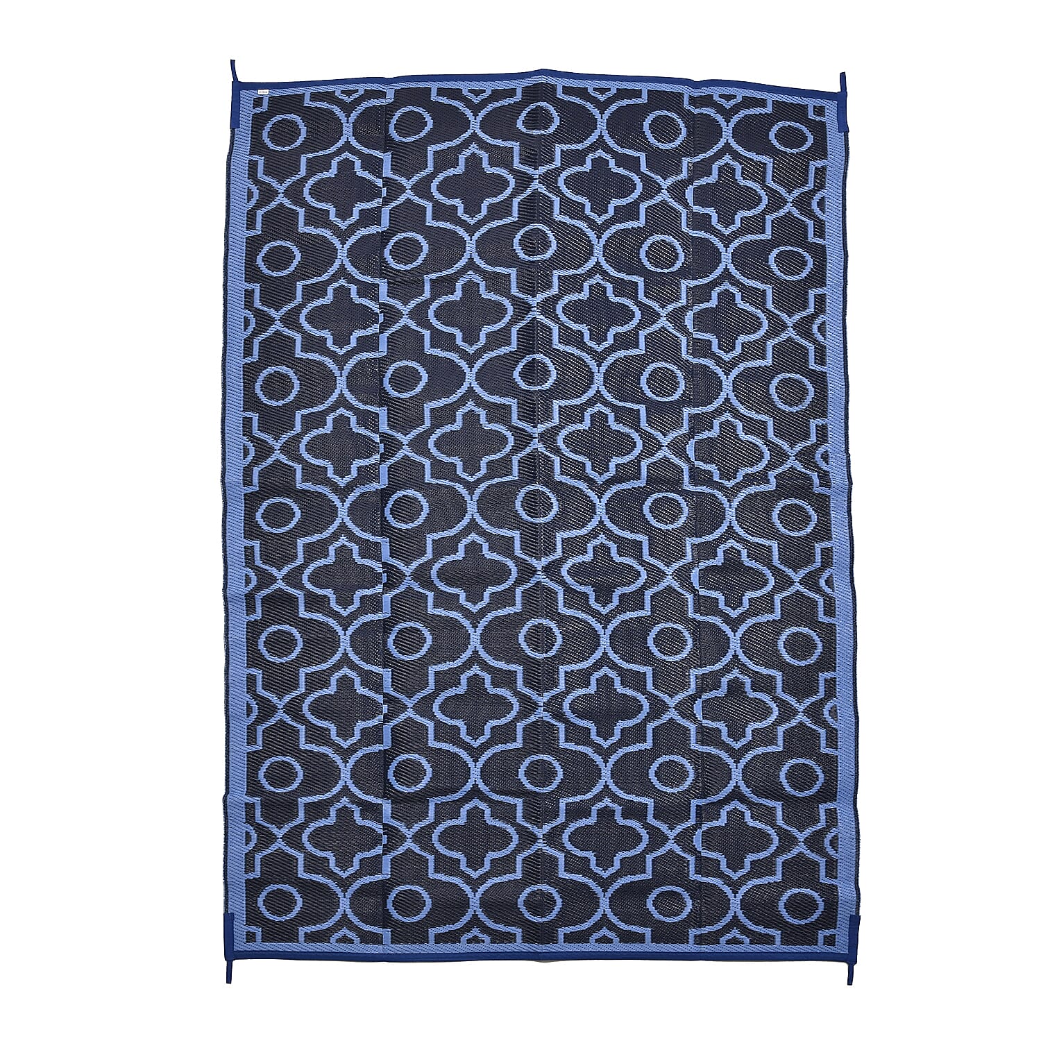 Closeout Deal- Reversible Outdoor Rug with Moroccan Quatrefoil Pattern (Size 243x152 cm) - Blue - Black