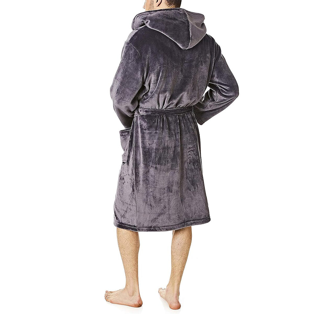 Mens Supersoft Fleece Hooded Bath Robe with Self-Tie Belt & Large Pockets