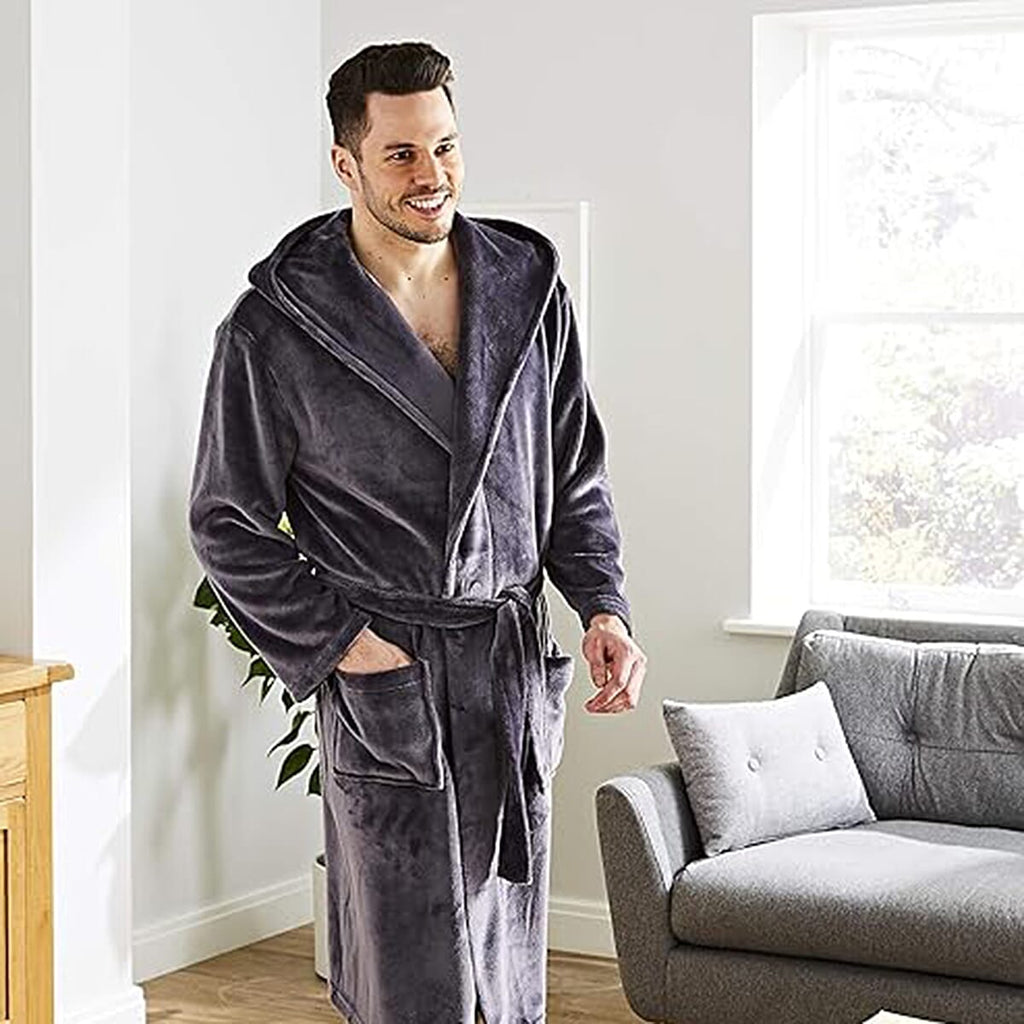 Mens Supersoft Fleece Hooded Bath Robe with Self-Tie Belt & Large Pockets