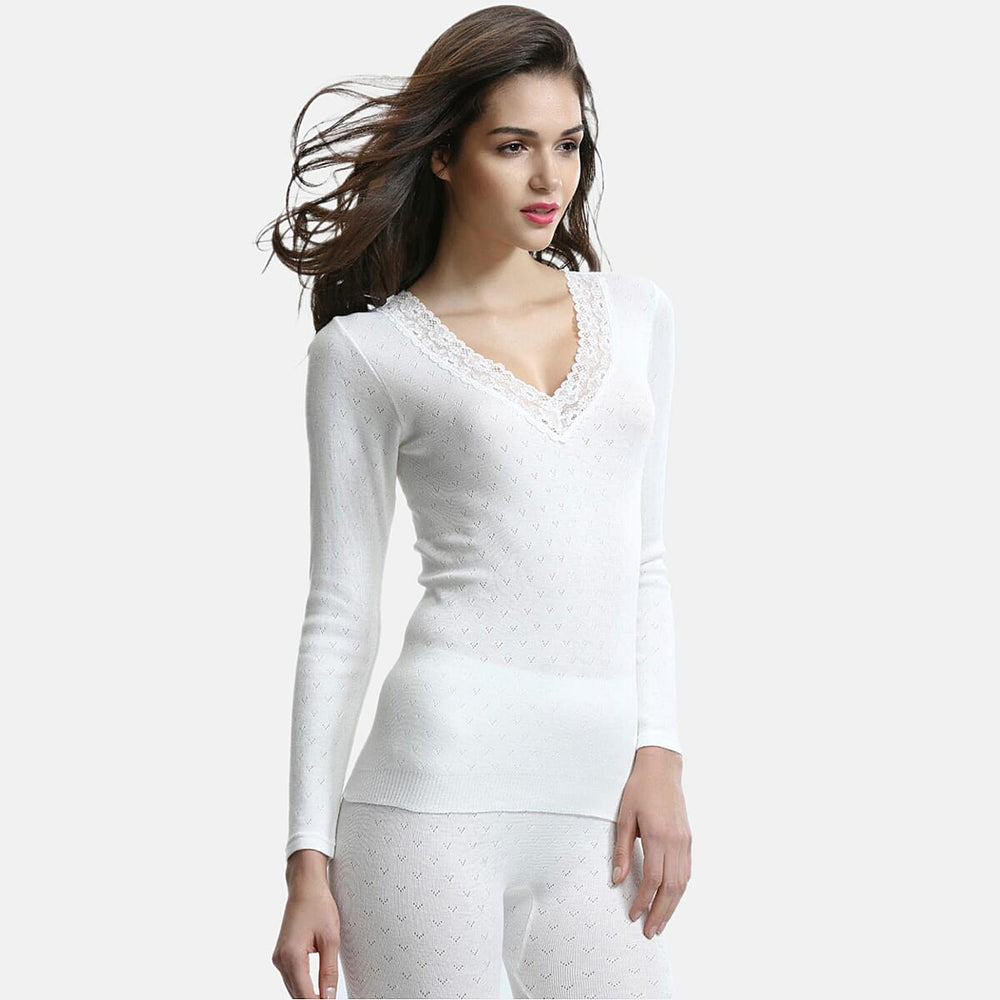 Palm Underwear British Made Supersoft Classic Lace Trim Long Sleeve Thermal Top (Size - M) - Ivory
