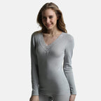 Palm Underwear British Made Supersoft Classic Lace Trim Long Sleeve Thermal Top (Size - S) - Grey