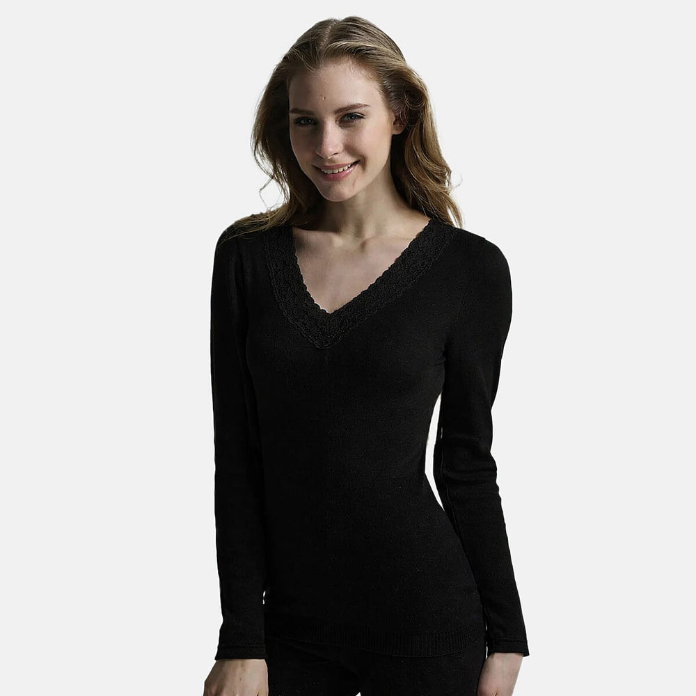 Palm Underwear British Made Supersoft Classic Lace Trim Long Sleeve Thermal Top (Size - XL) - Black