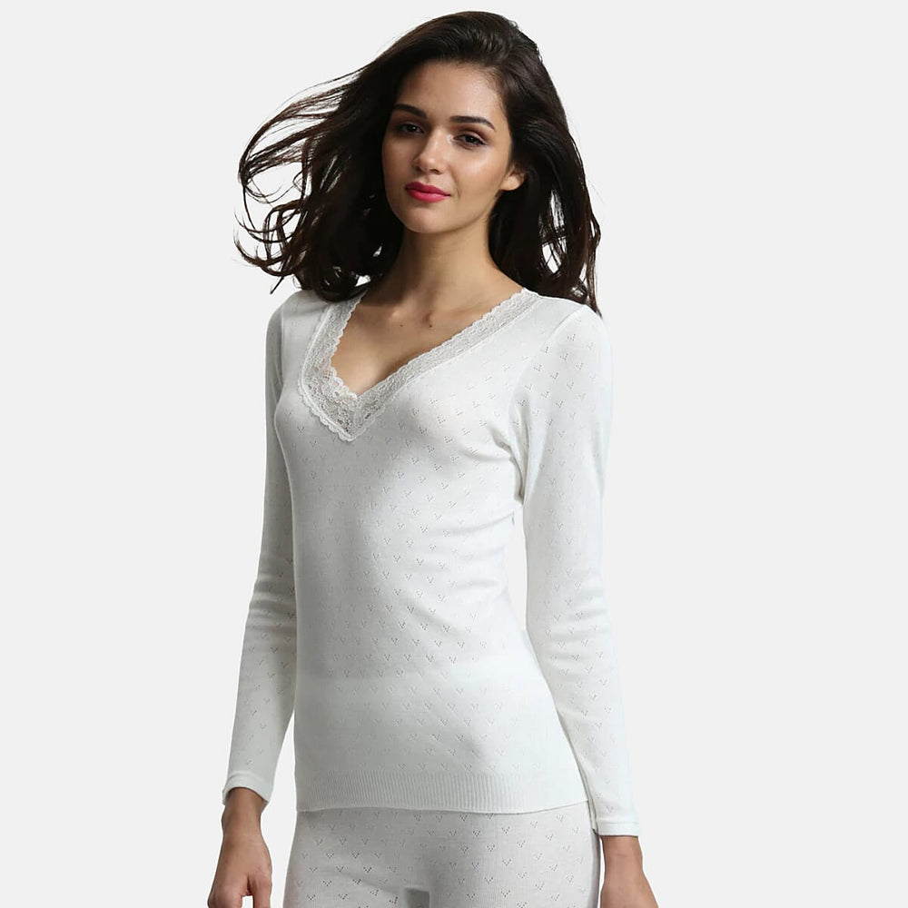 Palm Underwear British Made Supersoft Classic Lace Trim Long Sleeve Thermal Top (Size - XL) - Ivory