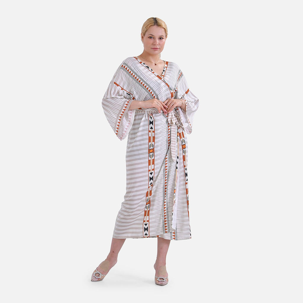 Closeout Deal- Stylish Long Sleeve Bohemian Print Long Kimono - Cream
