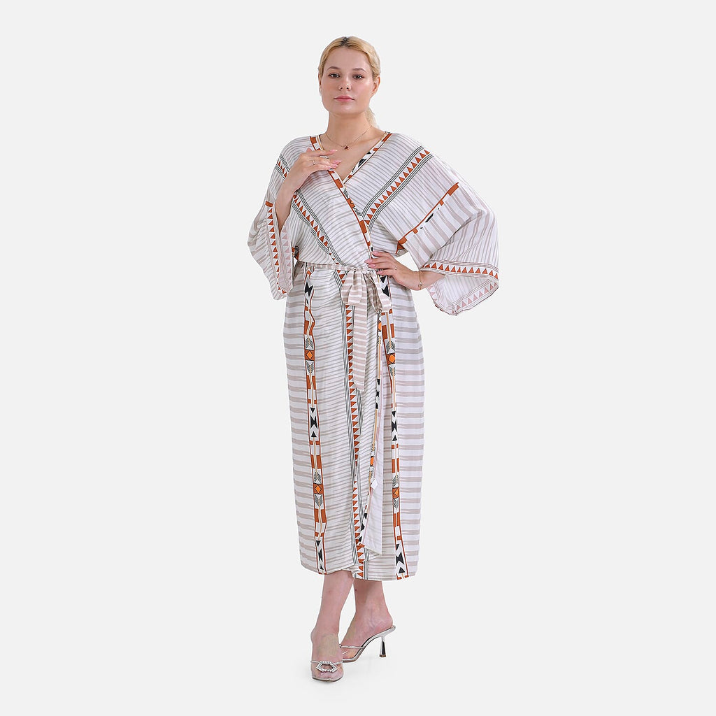 Closeout Deal- Stylish Long Sleeve Bohemian Print Long Kimono - Cream