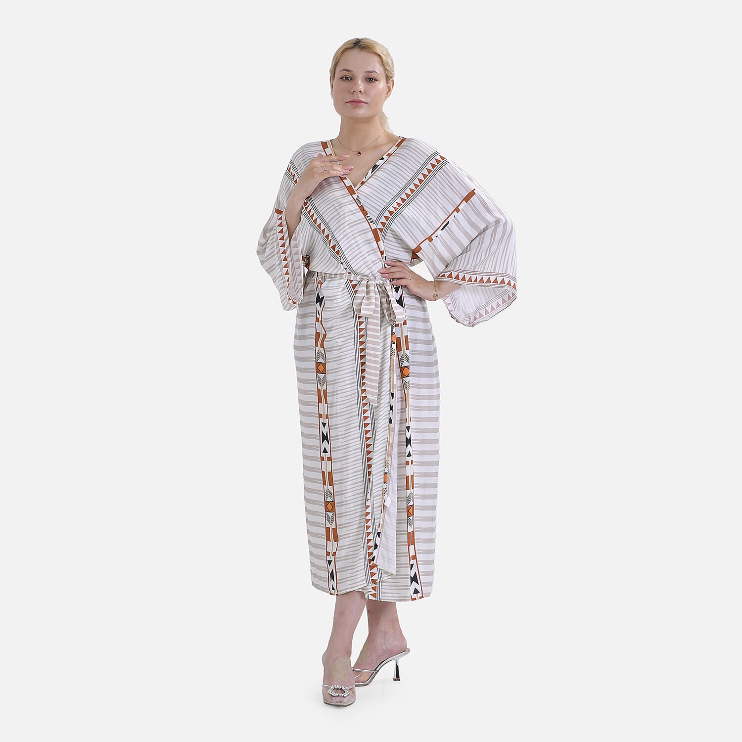 Closeout Deal- Stylish Long Sleeve Bohemian Print Long Kimono - Cream