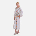 Closeout Deal- Stylish Long Sleeve Bohemian Print Long Kimono - Cream