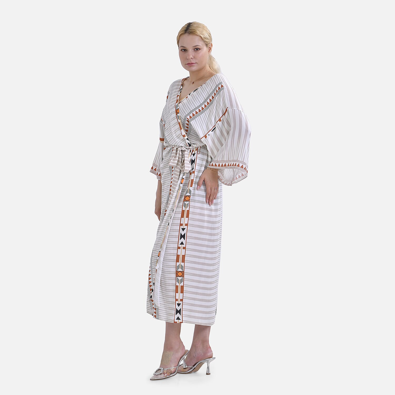 Closeout Deal- Stylish Long Sleeve Bohemian Print Long Kimono - Cream
