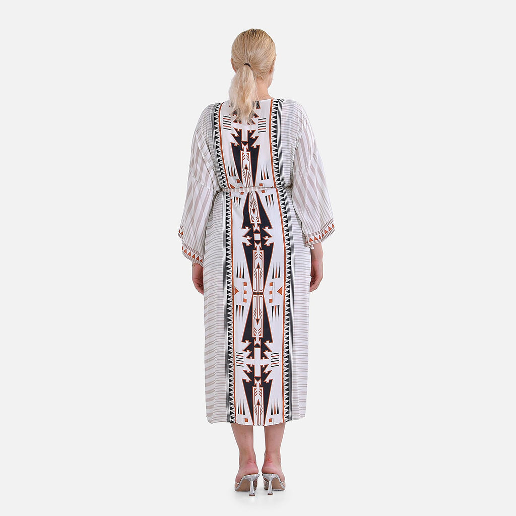 Closeout Deal- Stylish Long Sleeve Bohemian Print Long Kimono - Cream