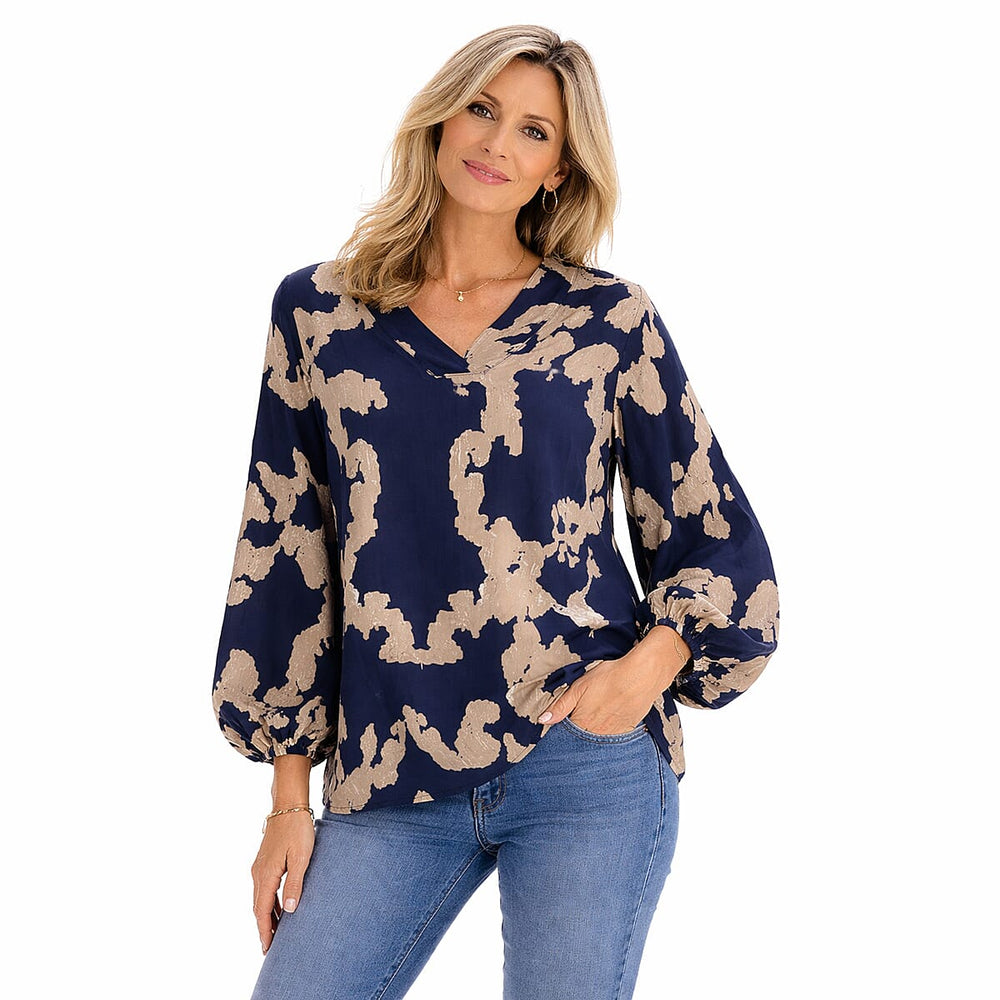 Closeout Deal- V-Neck Printed Balloon Sleeve Top (Size M) - Dark Blue