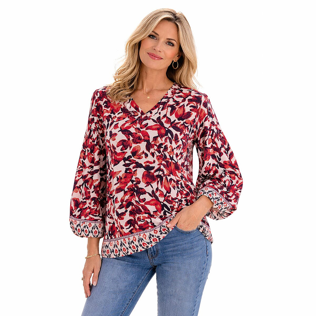 Closeout Deal- V-Neck Printed Balloon Sleeve Top (Size M) - Dark Red