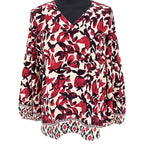 Closeout Deal- V-Neck Printed Balloon Sleeve Top (Size M) - Dark Red
