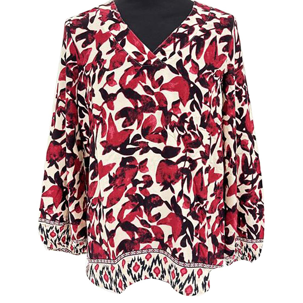 Closeout Deal- V-Neck Printed Balloon Sleeve Top (Size XL) - Dark Red