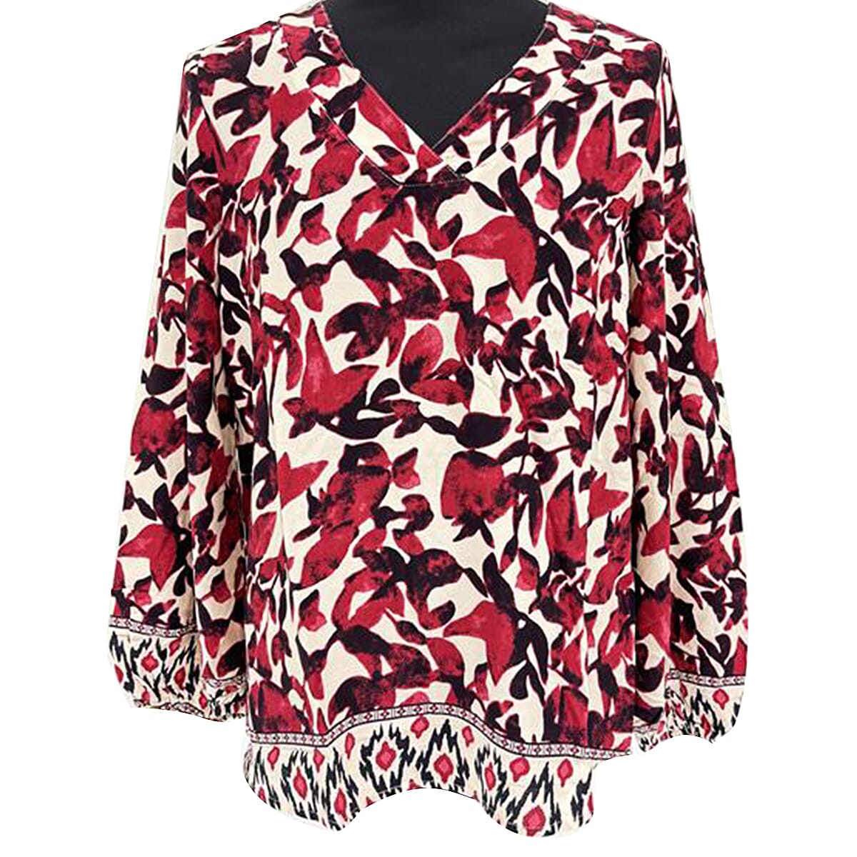 Closeout Deal- V-Neck Printed Balloon Sleeve Top (Size XL) - Dark Red