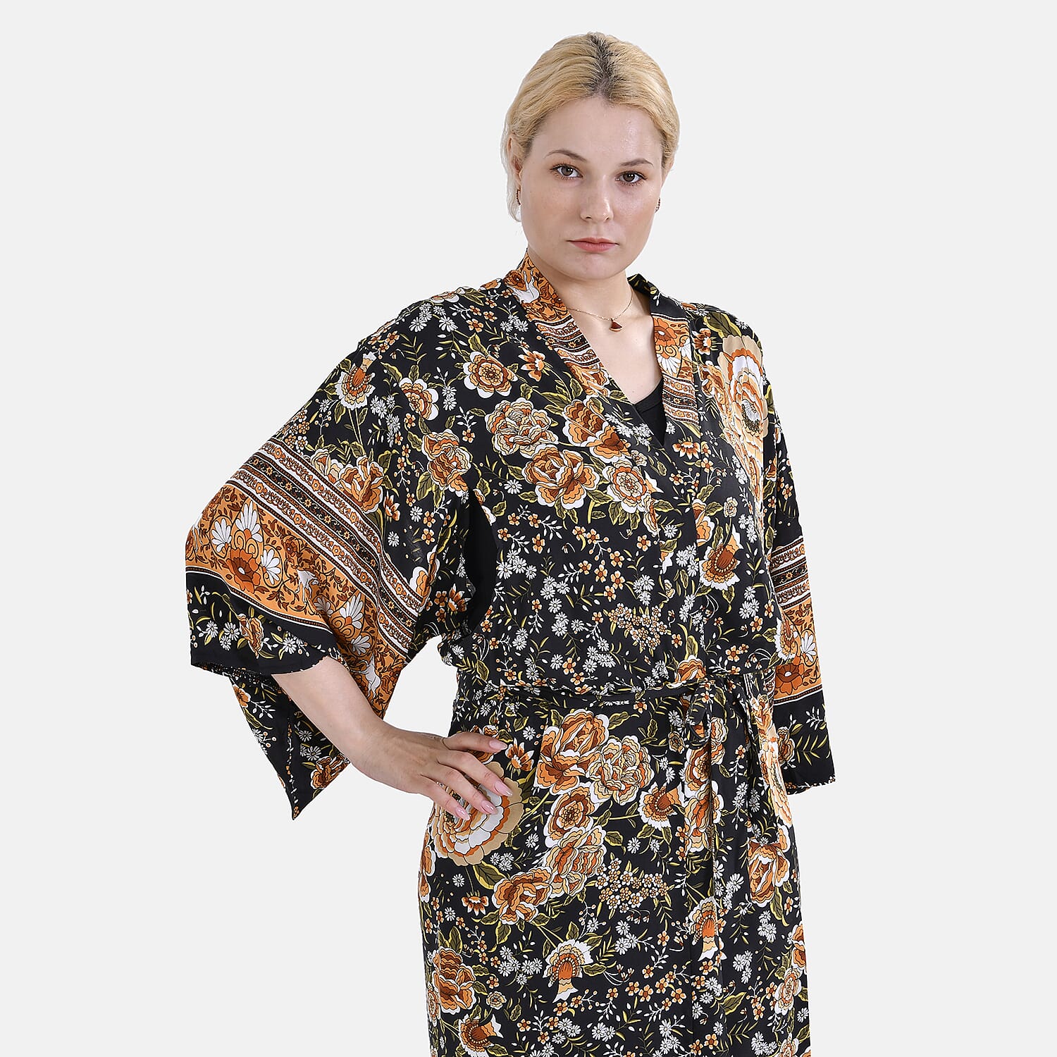 Closeout Deal 100% Viscose Flower Printed Long Kimono (One Size) - Black