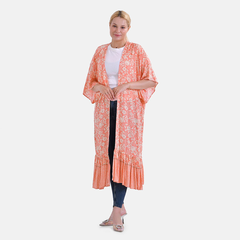 Closeout Deal Floral Printed Long Kimono With Ruffled Hem (Size 110x80 Cm) - Peach