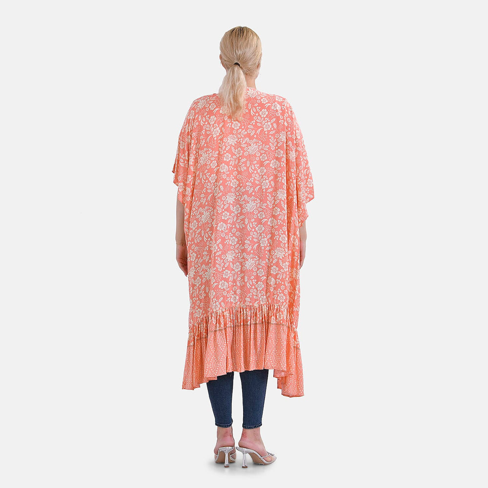Closeout Deal Floral Printed Long Kimono With Ruffled Hem (Size 110x80 Cm) - Peach