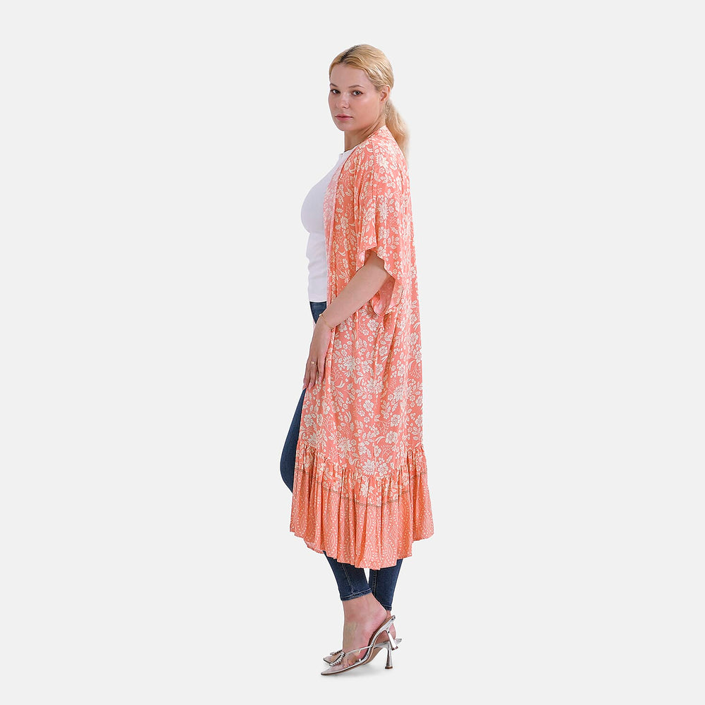 Closeout Deal Floral Printed Long Kimono With Ruffled Hem (Size 110x80 Cm) - Peach
