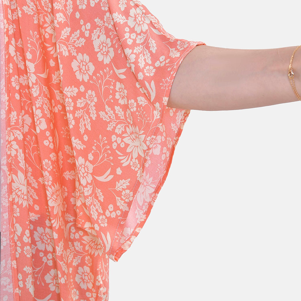Closeout Deal Floral Printed Long Kimono With Ruffled Hem (Size 110x80 Cm) - Peach