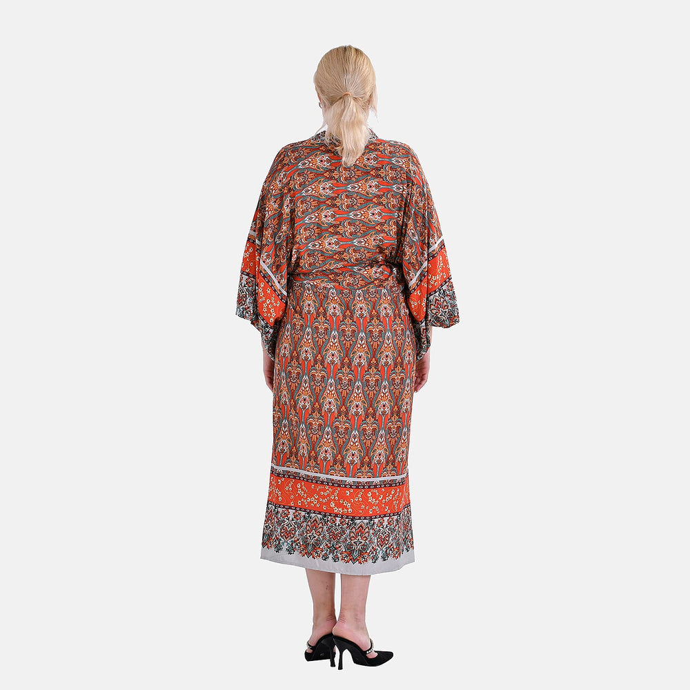 Closeout Deal 100% Viscose Printed Long Kimono with Waist Belt (One Size) - Red