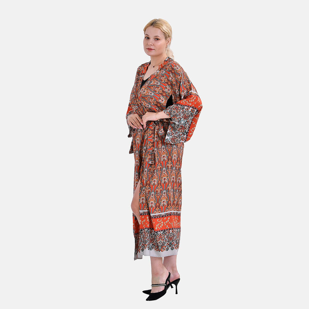 Closeout Deal 100% Viscose Printed Long Kimono with Waist Belt (One Size) - Red