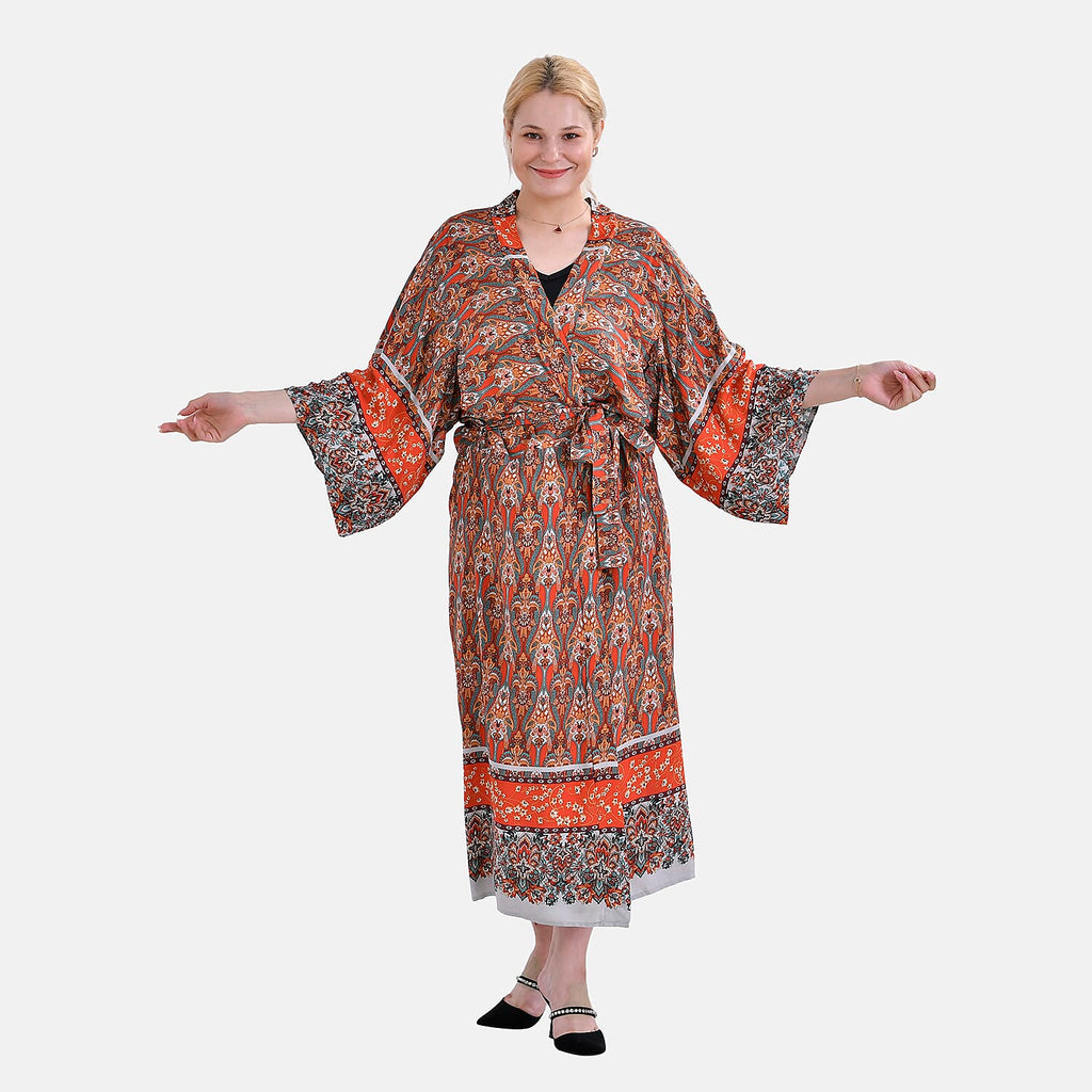 Closeout Deal 100% Viscose Printed Long Kimono with Waist Belt (One Size) - Red