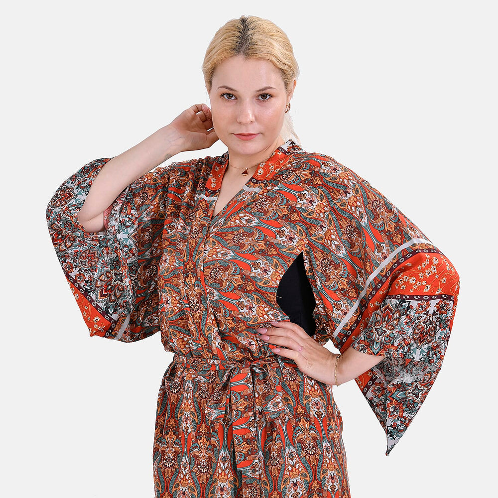 Closeout Deal 100% Viscose Printed Long Kimono with Waist Belt (One Size) - Red
