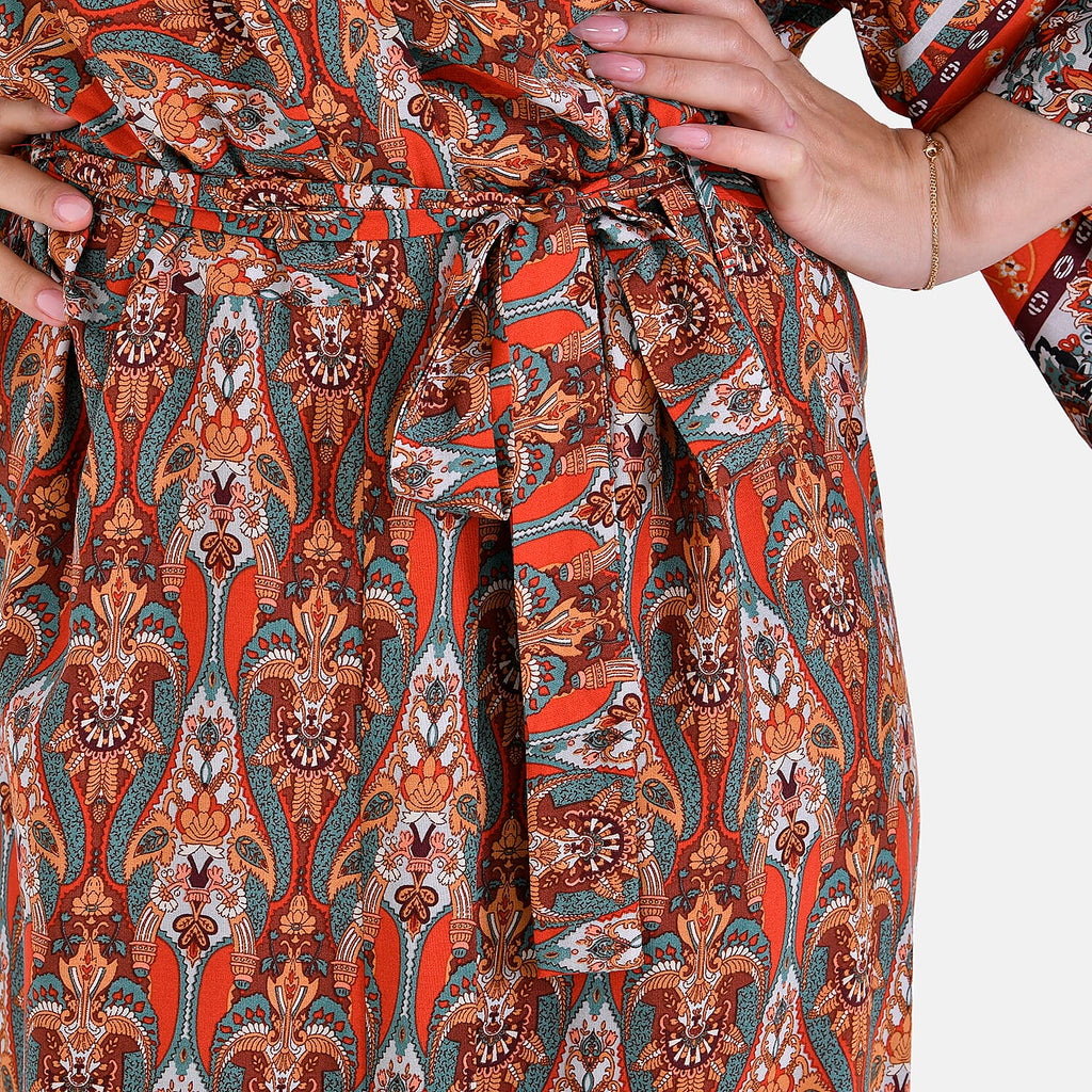 Closeout Deal 100% Viscose Printed Long Kimono with Waist Belt (One Size) - Red
