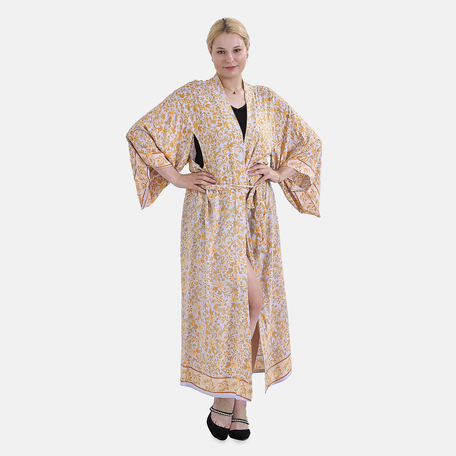 Closeout Deal Printed Long Kimono (Size 135x65) - Yellow