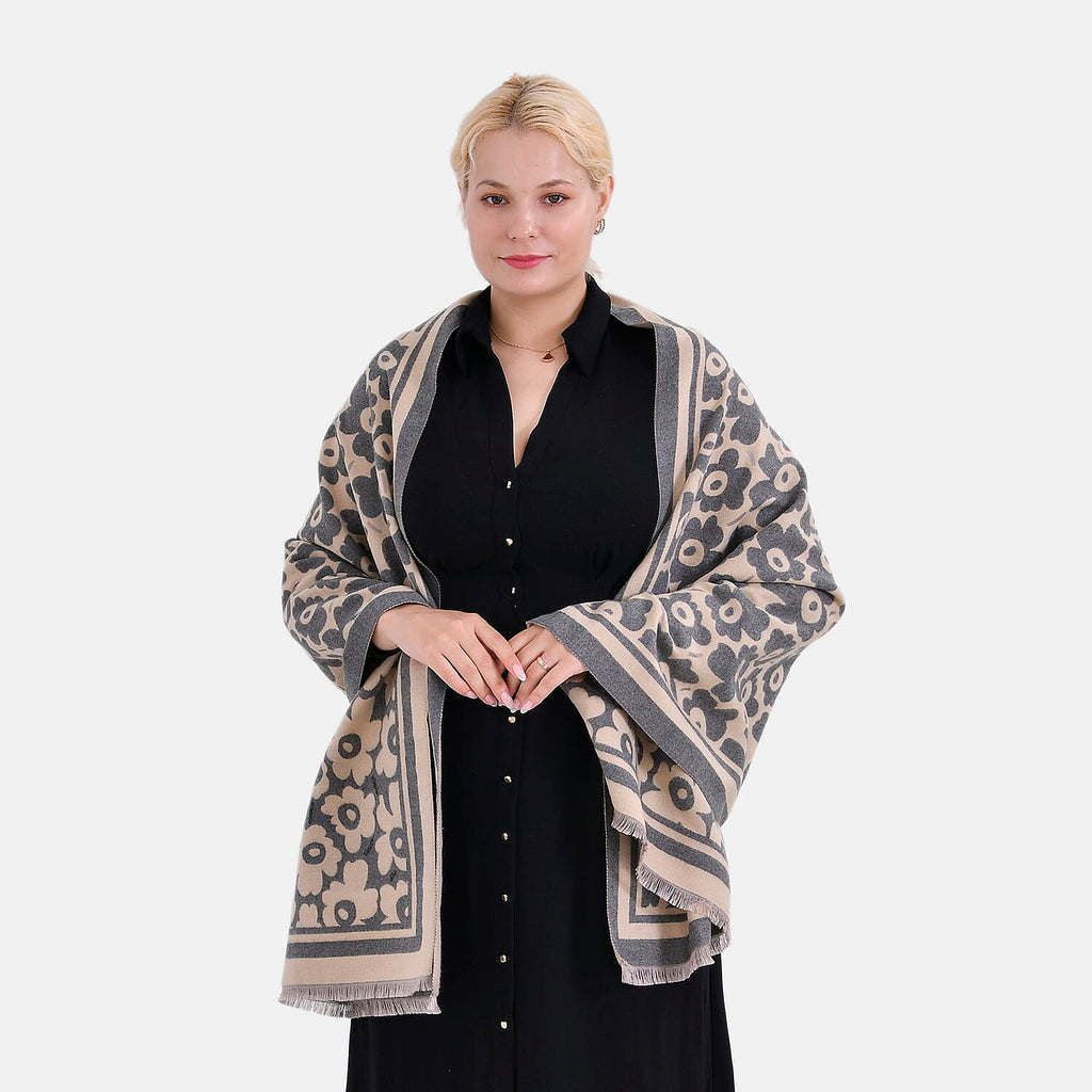 Closeout Deal Super Soft Shawl One Size Color Beige Base With Gray Floral Pattern 100% Viscose.